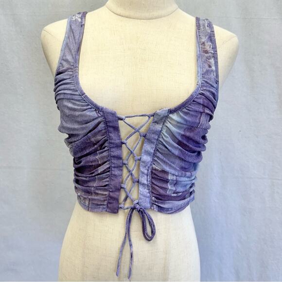 Urban Outfitters Ruched Lace-Up Mesh Tank Top Denim Jeans Print Size Medium - Picture 2 of 16